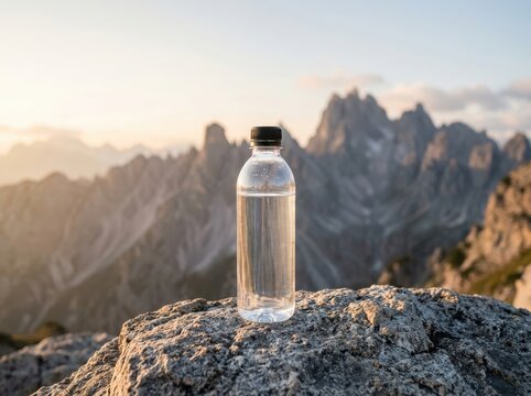 Clear plastic water bottle resting on a rocky mountain peak during a beautiful sunny morning with a blurred landscape background isolated on white background , png