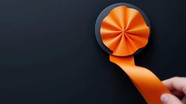 An orange ribbon is carefully arranged on a circular base for an upcoming event in a city location during early spring