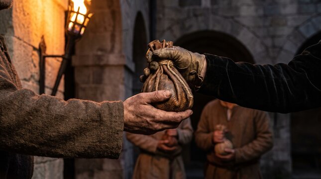 A gloved hand of a wealthy master hands a leather money bag to a servant in the Parable of the Talents, close up detail in a New Testament biblical scene.