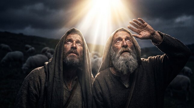 Two shepherds gaze toward a heavenly beam of light beside their flock of sheep in the Annunciation to the Shepherds, a New Testament biblical scene.