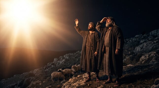 Two shepherds look up and point at a bright heavenly star radiating divine light over a rocky hill in the Nativity story at night.