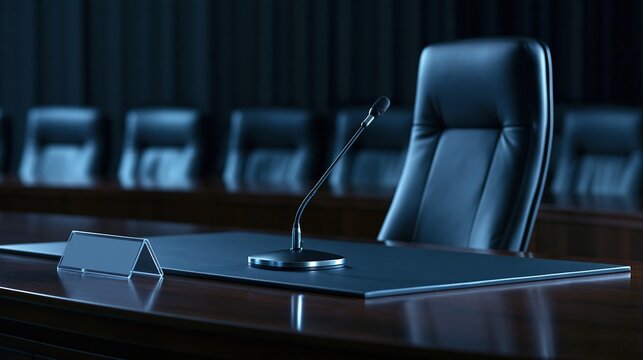 Gooseneck conference microphone and empty name plate stand on dark polished wooden conference table with empty black leather executive chair in dim dark meeting room