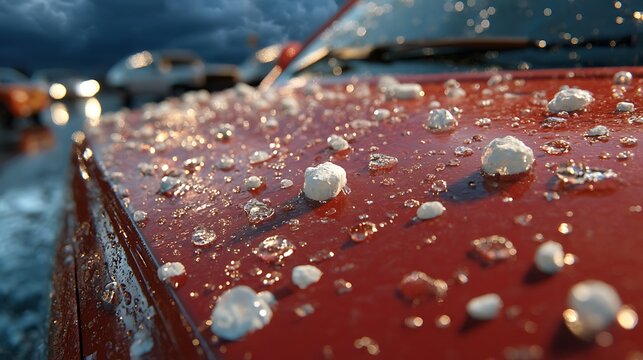Hailstones Scattered on a Red Car Hood