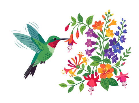 A vibrant hummingbird hovering near a colorful bouquet of blooming garden flowers.