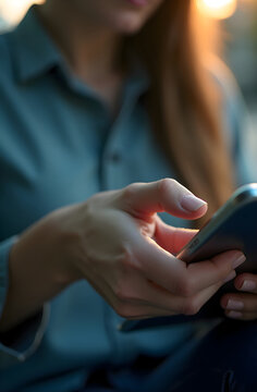 Primer plano de manos de mujer utilizando un tel&eacute;fono inteligente al atardecer