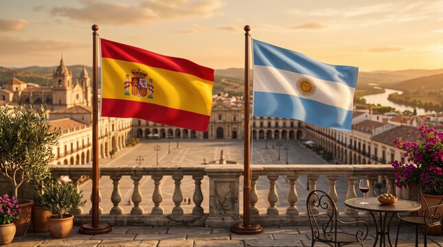 The spain flag and argentina flag wave gracefully from a stone balcony during sunset overlooking a historic square.