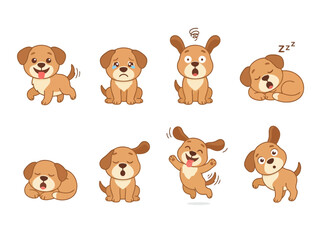 Fototapeta premium A collection of eight cute cartoon puppy stickers showing various emotions and actions.