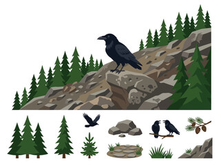 Obraz premium A collection of black raven birds and natural elements including rocks and pine trees.