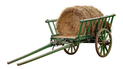 Green wooden hay cart loaded with round straw bales, isolated on transparent background © Iura