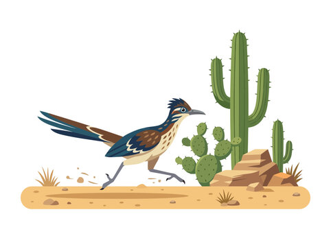 A detailed illustration of a roadrunner bird running across a desert landscape.