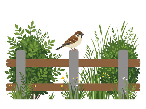 A small brown sparrow perched on a wooden fence post surrounded by lush greenery.