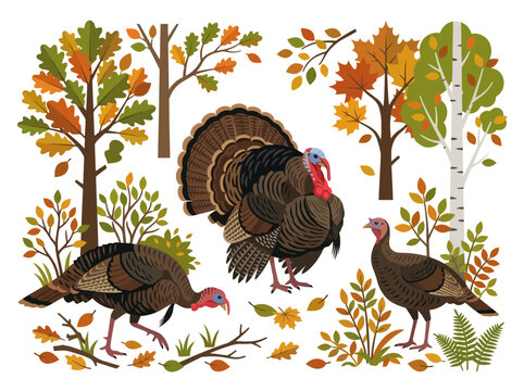 Three wild turkeys standing in a colorful autumn forest setting.
