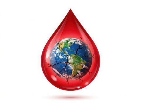 A large red blood drop containing a cracked planet earth symbol representing global health crisis and environmental emergency isolated on white background , png