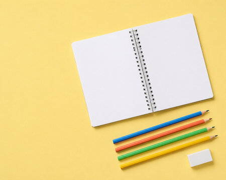 Blank Notebook with Coloured Pencils on Yellow Background