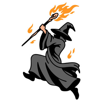 A mystical wizard in dark robes casting fire magic with a flaming staff.