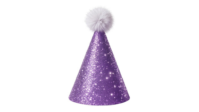 Sparkling purple party hat with fluffy white pompom, isolated on transparent background