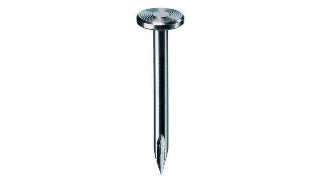 Shiny metal nail with circular textured head, isolated on transparent background