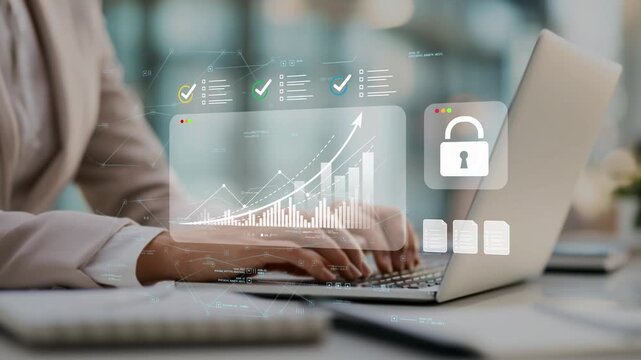 Businesswoman in modern office managing data privacy and security compliance through analytics dashboards, growth chart monitoring and governance controls