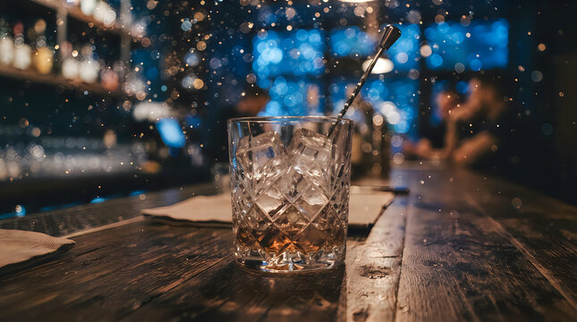 Close-up of cocktail glass with ice and straw on wooden bar isolated on white background, illustration