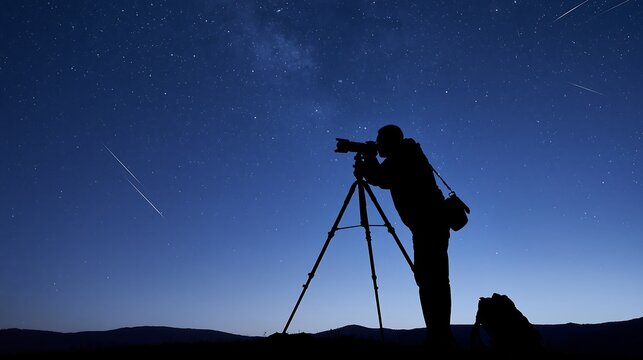 Silhouette of a photographer using a tripod to capture the Perseid meteor shower beneath the Milky Way, showcasing astrophotography, astronomy and night sky observation