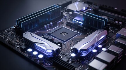 Fototapeta premium Motherboard with cpu socket ram modules heatsink and electronic circuit glowing in blue light.
