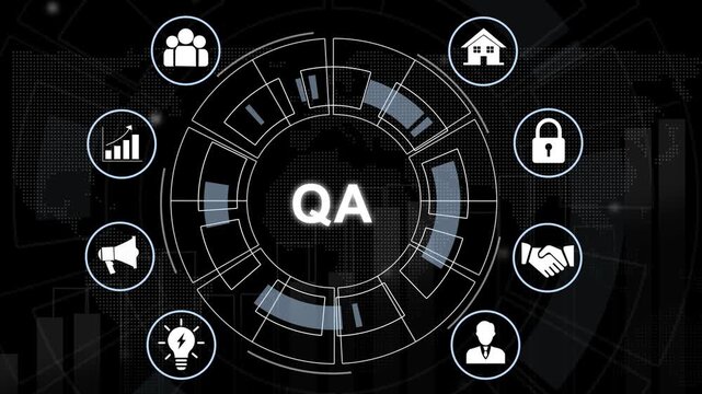 Assurance qa concept infographic featuring digital hud interface with business for software testing, development workflow, corporate strategy, and technical system optimization analysis