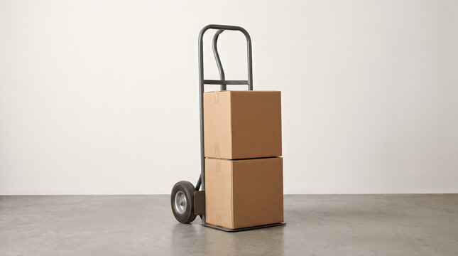 Hand truck carrying two cardboard boxes on floor isolated on white background, illustration