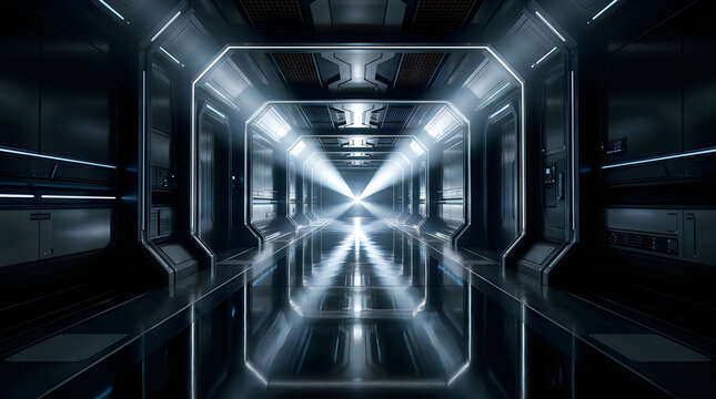 Futuristic hallway with glowing geometric lighting isolated on white background, illustration