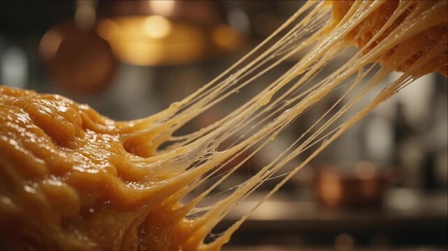 Cinematic macro caramel dessert texture background with sticky sweet sugar material stretching and pulling long gooey strands warm kitchen light creating rich molten golden detail and appetizing mood