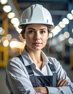 A female worker wearing a hard hat and overalls poses confidently in an industrial setting.