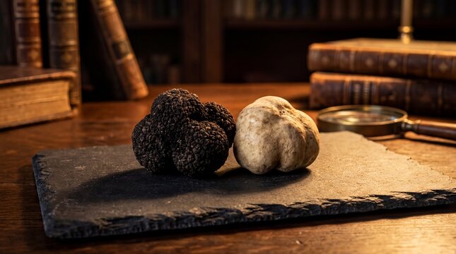 Gourmet culinary focus, a close-up view of a black and white truffle on a dark slate surface