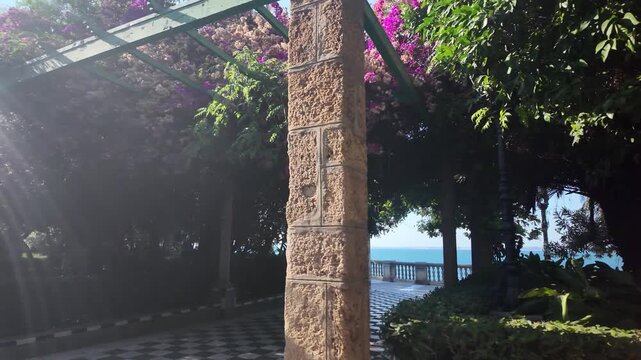 View of the Atlantic Ocean through pink bougainvillea, Jardines de Alameda Apodaca, Cadiz