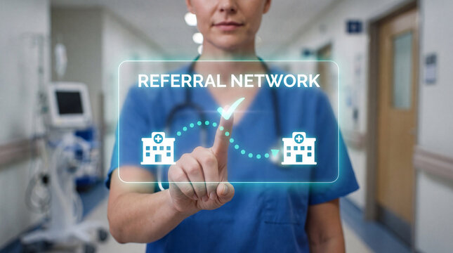 nurse touches glowing patient referral network interface with connected clinic pathway to confirm specialist transfer, track medical record sharing, and finalize care coordination