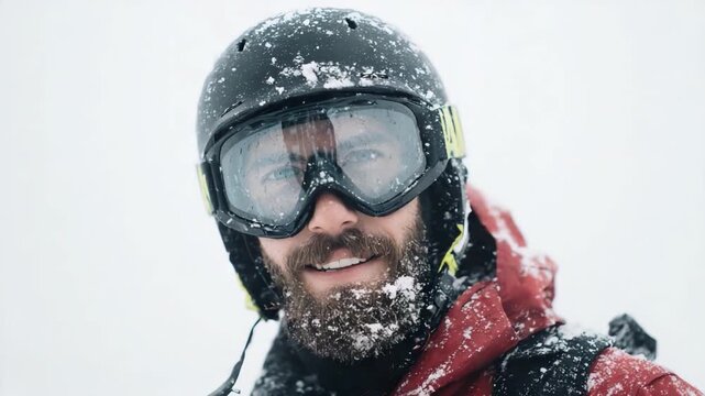 Winter Adventurer: Close-up portrait of a male skier, weathered by the snow and cold, his goggles reflecting the wintry landscape. He sports a determined smile, ready to conquer the slopes.