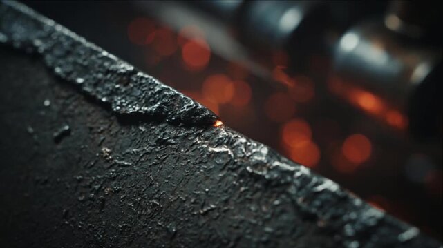 Cinematic metal texture macro abstract background with rough industrial material steel detail surface closeup edge grunge dark black orange spark bokeh blur hot heat workshop manufacture metalwork