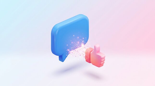 3D blue speech bubble and pink thumb up icon with glowing particles, representing social media feedback and engagement.