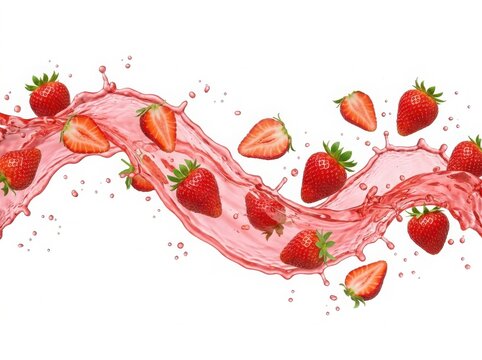 Fresh red strawberries splashing in delicious pink fruit juice wave isolated on white background , png