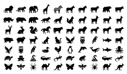 Obraz premium Flat Black Animal Icons Set Solid Silhouette Vector Collection
