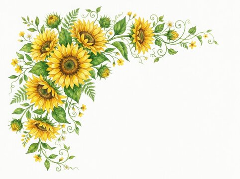 Beautiful decorative corner frame illustration with bright yellow sunflowers and green leaves for floral wedding invitation design isolated on white background , png