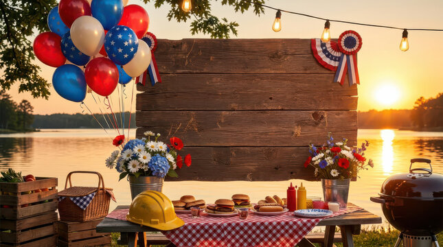 Patriotic Labor Day backyard party with American themed balloons, construction helmet, festive food table and barbecue grill, celebrating hardworking workers, community and holiday spirit