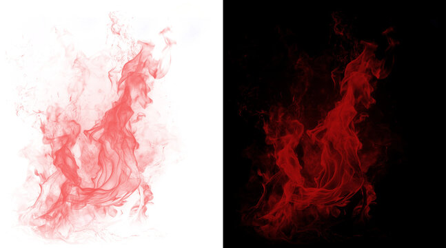 Red fire flames on black and white backgrounds, ethereal scarlet smoke trails, intense crimson heat energy and glowing vapor effects