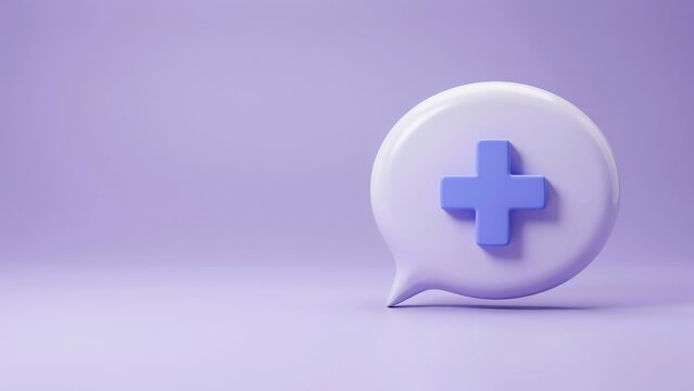 3D render of a purple speech bubble icon with a plus sign symbol interface addition increase positive isolated