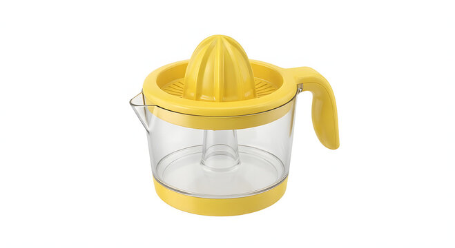 Manual Citrus Juicer and Lemon Squeezer with Measuring Container on White Background. Yellow Plastic Hand Juicer for Oranges and Lemons, Studio Shot on White.