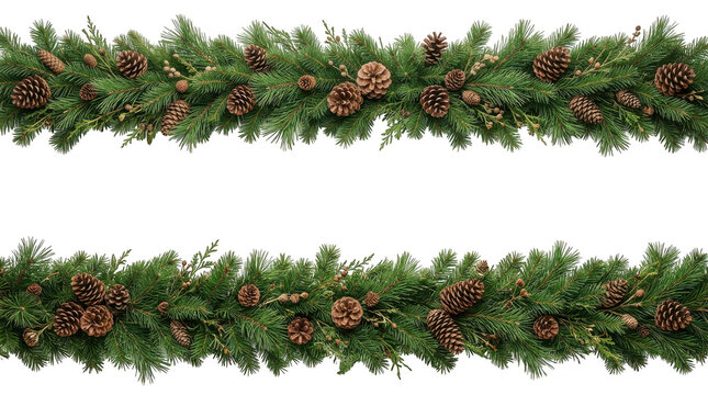 Christmas pine garland with brown cones on two lines isolated on transparent background