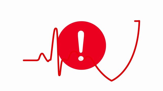 Red Emergency Warning Exclamation Mark Icon and Heart Rate Flatline Animation on White Background