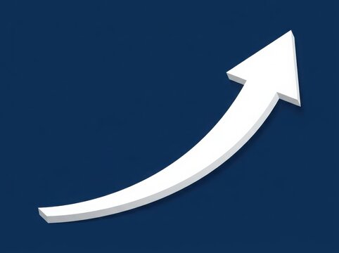 White 3d arrow pointing up and to the right on a dark blue background representing business growth and success 