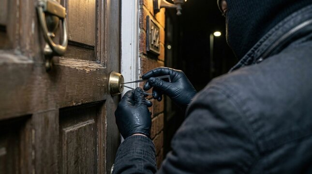 Detailed view of a masked criminal wearing black gloves picking a deadbolt lock on a wooden front door at night.