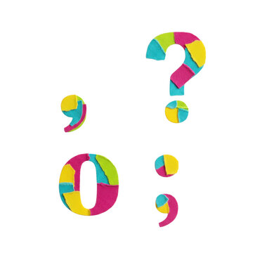Colorful mosaic punctuation marks set including question mark comma semicolon and zero number