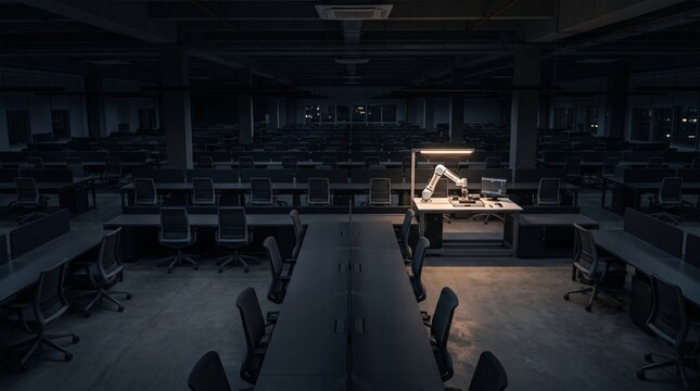 Single lit robotic arm working alone at one desk in a vast dark empty office at night