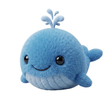 Cute fuzzy blue whale spouting water in a soft 3D character style